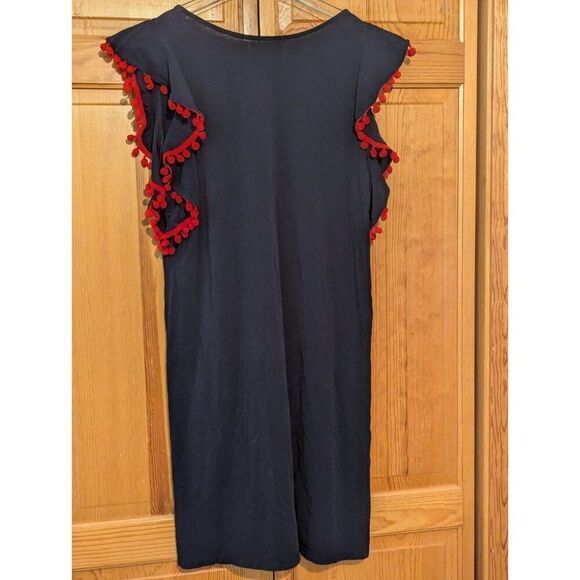 Duffield Lane Pom Pom Shift Dress Size Small Navy Blue Red Vacation Resort Wear - Picture 5 of 6